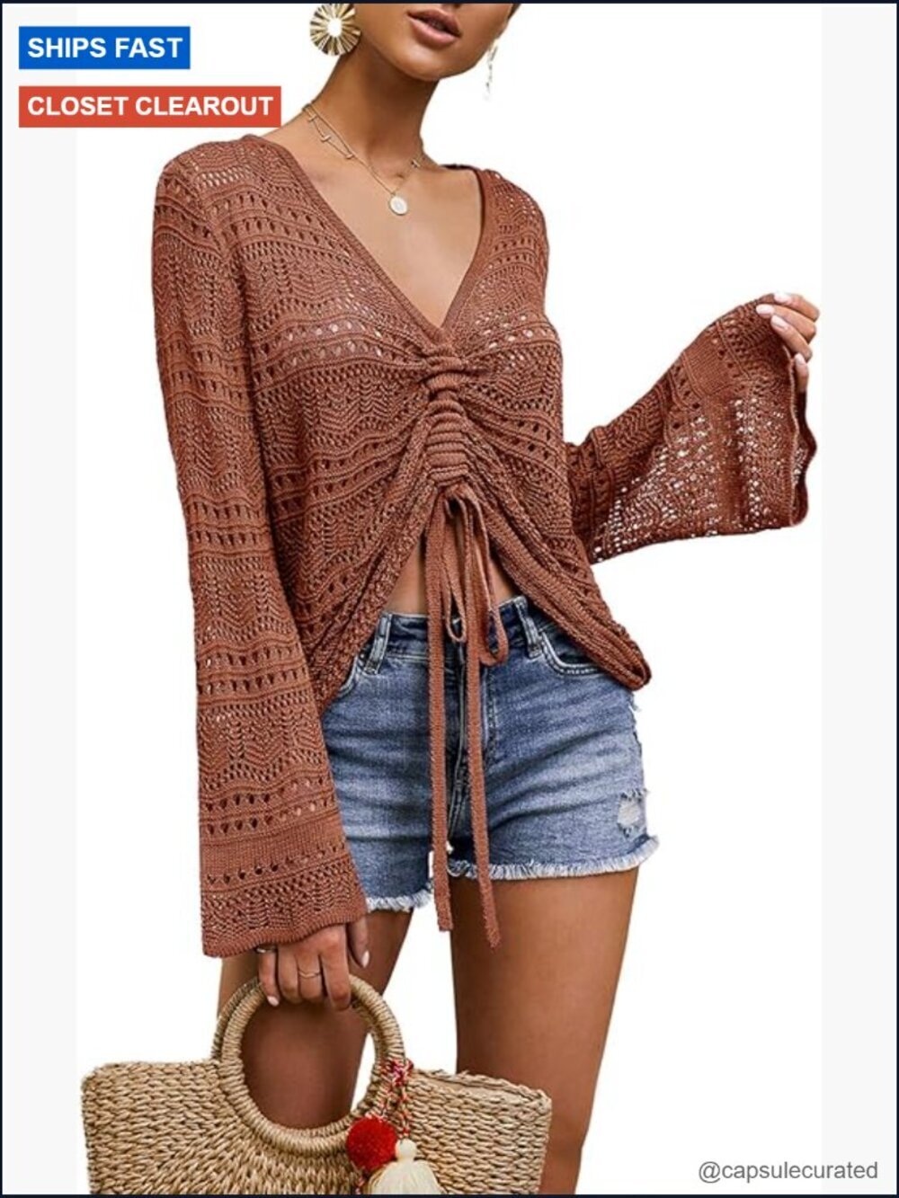 Womens Boho Off Shoulder Sheer Crop Top Bell Sleeve Flowy Oversized Crochet
